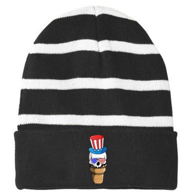 Ice Cream Skull 4th Of July Funny USA Flag Patriotic Striped Beanie with Solid Band