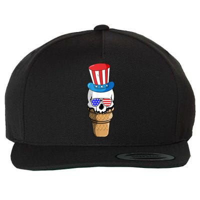 Ice Cream Skull 4th Of July Funny USA Flag Patriotic Wool Snapback Cap