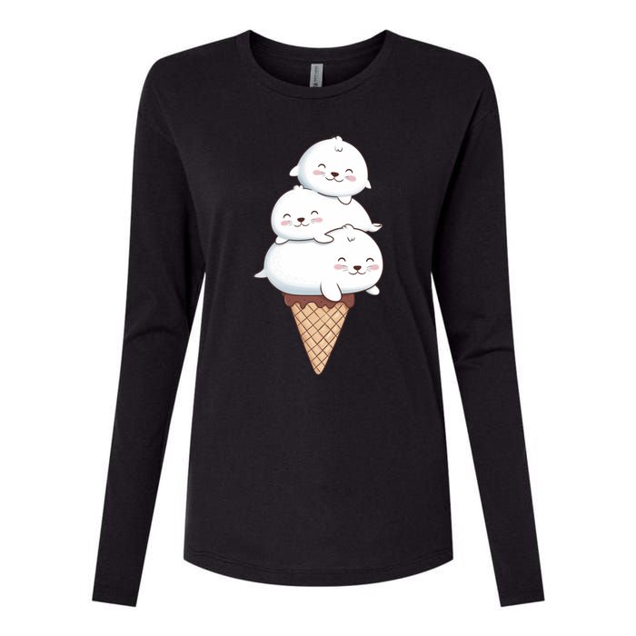 Ice Cream Seals Cute Animal Cone Womens Cotton Relaxed Long Sleeve T-Shirt