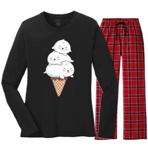 Ice Cream Seals Cute Animal Cone Women's Long Sleeve Flannel Pajama Set 