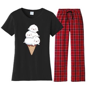 Ice Cream Seals Cute Animal Cone Women's Flannel Pajama Set