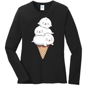 Ice Cream Seals Cute Animal Cone Ladies Long Sleeve Shirt