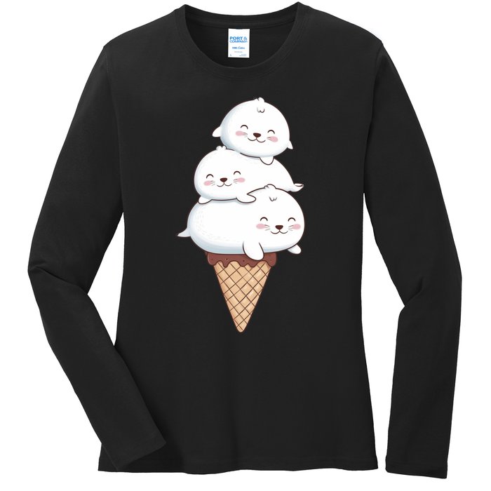 Ice Cream Seals Cute Animal Cone Ladies Long Sleeve Shirt