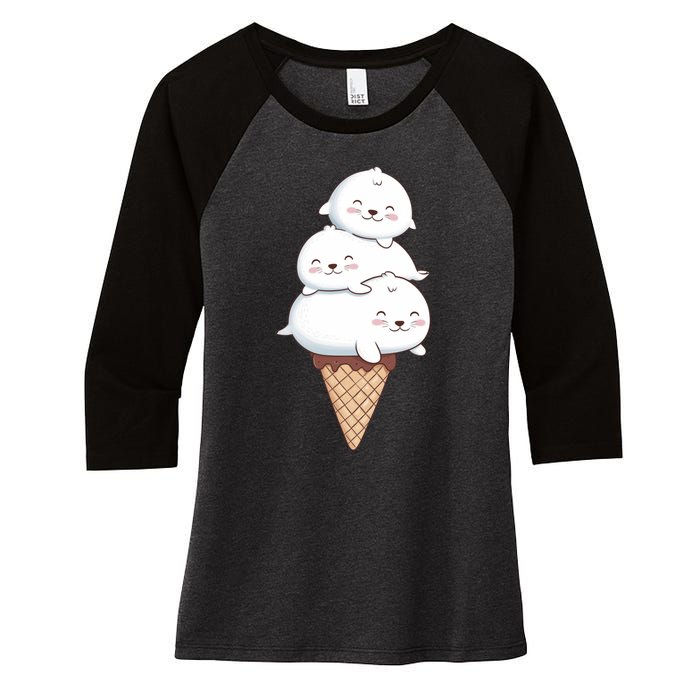 Ice Cream Seals Cute Animal Cone Women's Tri-Blend 3/4-Sleeve Raglan Shirt