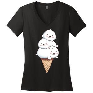 Ice Cream Seals Cute Animal Cone Women's V-Neck T-Shirt