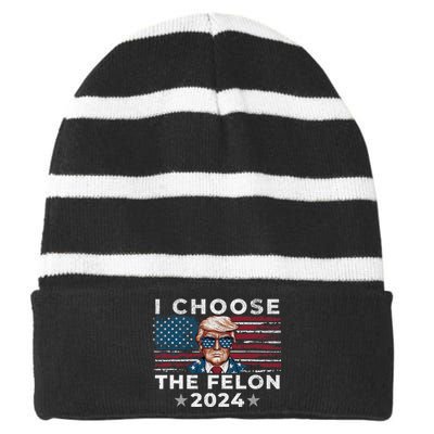 I Choose The Felon 2024 Funny Republican Patriot Striped Beanie with Solid Band