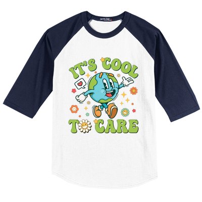 ItS Cool To Care Earth Day 2024 Retro Groovy Teacher Baseball Sleeve Shirt