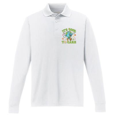 ItS Cool To Care Earth Day 2024 Retro Groovy Teacher Performance Long Sleeve Polo