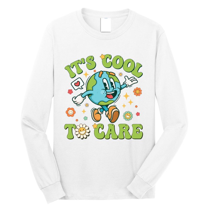 ItS Cool To Care Earth Day 2024 Retro Groovy Teacher Long Sleeve Shirt