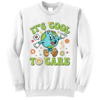 ItS Cool To Care Earth Day 2024 Retro Groovy Teacher Sweatshirt