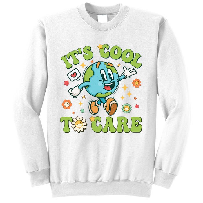 ItS Cool To Care Earth Day 2024 Retro Groovy Teacher Sweatshirt