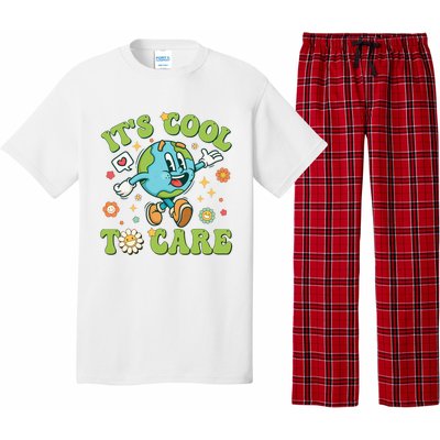 ItS Cool To Care Earth Day 2024 Retro Groovy Teacher Pajama Set