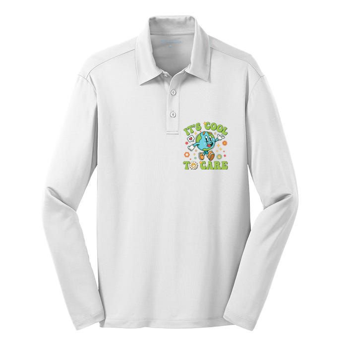 ItS Cool To Care Earth Day 2024 Retro Groovy Teacher Silk Touch Performance Long Sleeve Polo