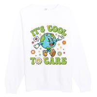 ItS Cool To Care Earth Day 2024 Retro Groovy Teacher Premium Crewneck Sweatshirt