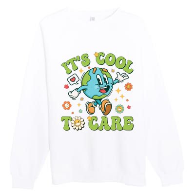 ItS Cool To Care Earth Day 2024 Retro Groovy Teacher Premium Crewneck Sweatshirt