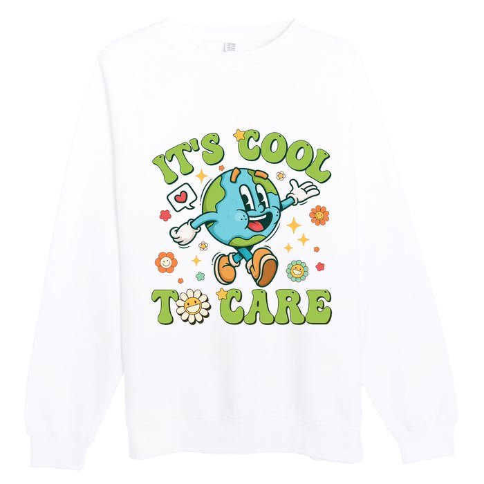 ItS Cool To Care Earth Day 2024 Retro Groovy Teacher Premium Crewneck Sweatshirt