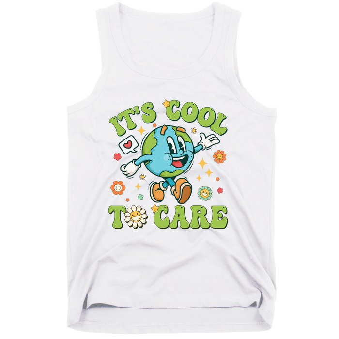 ItS Cool To Care Earth Day 2024 Retro Groovy Teacher Tank Top