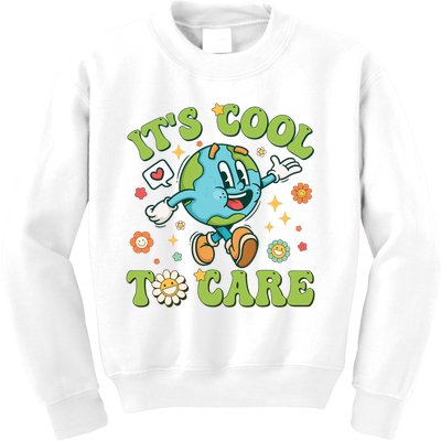 ItS Cool To Care Earth Day 2024 Retro Groovy Teacher Kids Sweatshirt