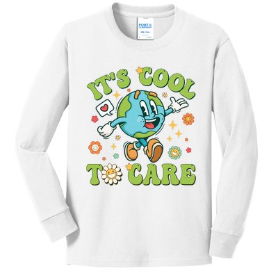 ItS Cool To Care Earth Day 2024 Retro Groovy Teacher Kids Long Sleeve Shirt