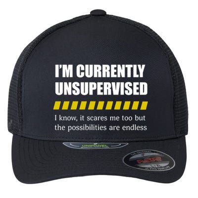 IM Currently Unsupervised I Know It Scares Me Too But The Possibilities Are End Flexfit Unipanel Trucker Cap