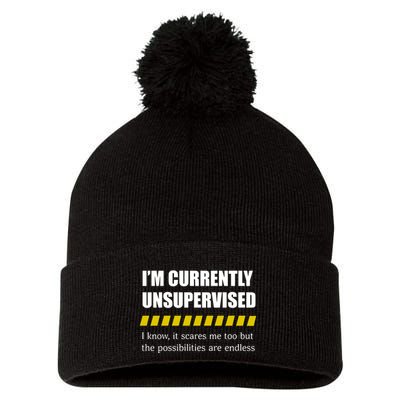 IM Currently Unsupervised I Know It Scares Me Too But The Possibilities Are End Pom Pom 12in Knit Beanie