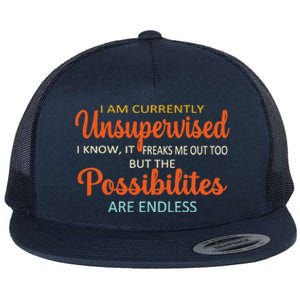 IM Currently Unsupervised But Possibilities Endless Funny Flat Bill Trucker Hat