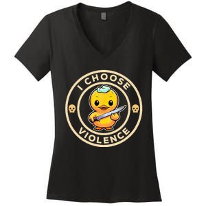 I Choose Violence Funny Cute Duck Holding Knife Women's V-Neck T-Shirt