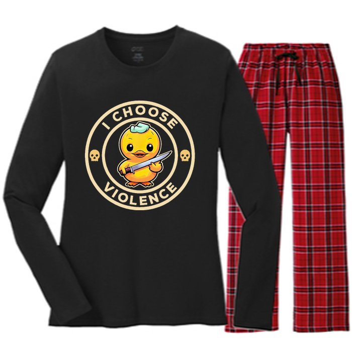 I choose violence funny cute duck holding knife Women's Long Sleeve Flannel Pajama Set 