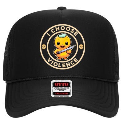 I Choose Violence Funny Cute Duck Holding Knife High Crown Mesh Back Trucker Hat