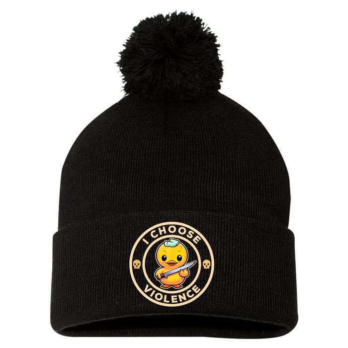 I Choose Violence Funny Cute Duck Holding Knife Pom Pom 12in Knit Beanie