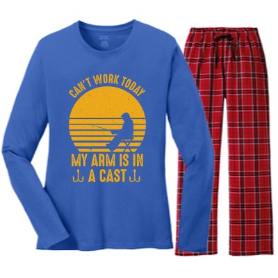 I Cant Work Today My Arm Is In A Cast Fishing Humor Gift Women's Long Sleeve Flannel Pajama Set 