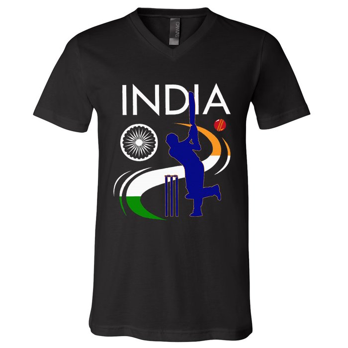 India Cricket With Indian Flag Brush Stroke V-Neck T-Shirt