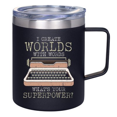 I Create Worlds With Words Writer Book Author Typewriter 12oz Stainless Steel Coffee Mug