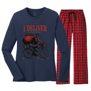 I Deliver All Night Long Funny Santa Xmas Reindeer Christmas Women's Long Sleeve Flannel Pajama Set 