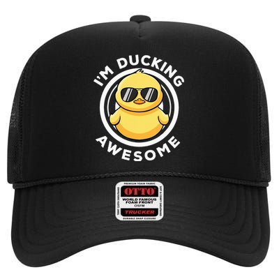 IM Ducking Awesome I Love Duck Lovers Funny Rubber Duck High Crown Mesh Back Trucker Hat