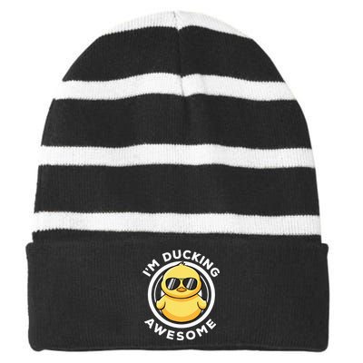 IM Ducking Awesome I Love Duck Lovers Funny Rubber Duck Striped Beanie with Solid Band