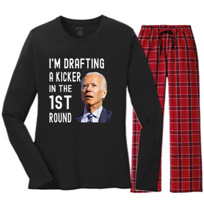 IM Drafting A Kicker In The 1st Round Funny Biden Confused Women's Long Sleeve Flannel Pajama Set 