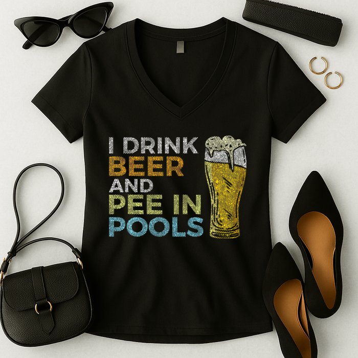 I Drink Beer And Pee In Pools Funny Grunge Vintage Pool Joke Women's V-Neck T-Shirt