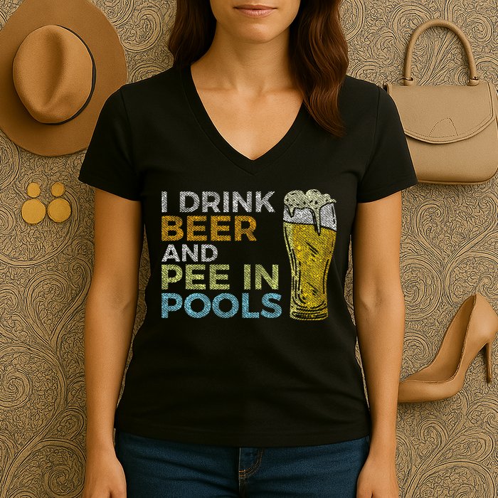 I Drink Beer And Pee In Pools Funny Grunge Vintage Pool Joke Women's V-Neck T-Shirt