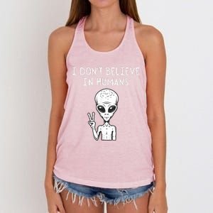 I Dont Believe In Humans Funny Alien UFO Lover Weird Women's Knotted Racerback Tank