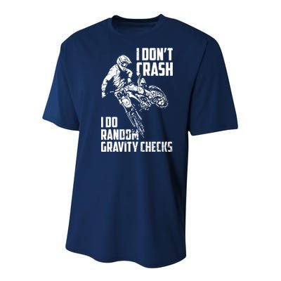 I Dont Crash I Do Random Gravity Checks Funny Motocross Youth Performance Sprint T-Shirt