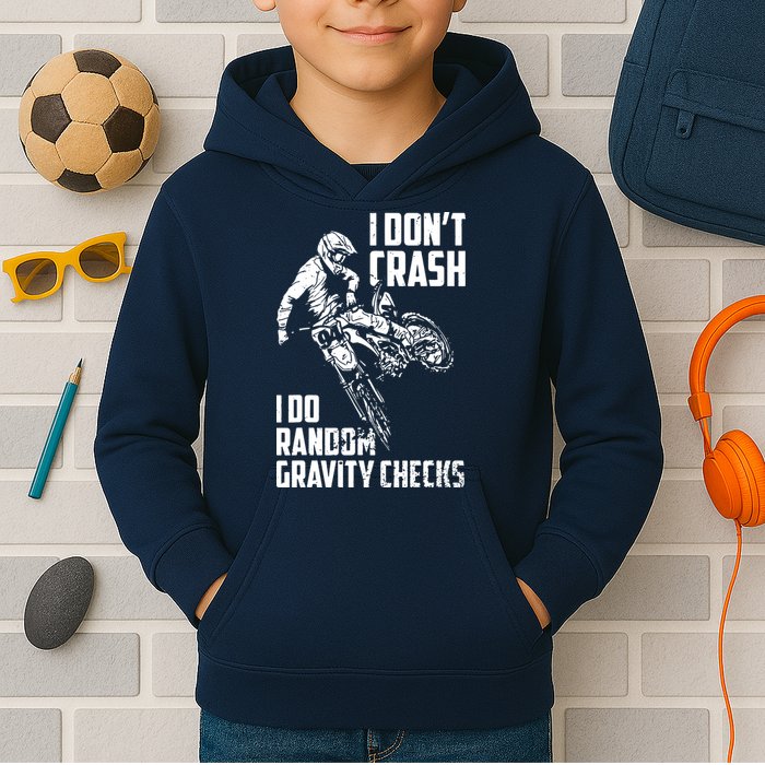 I Dont Crash I Do Random Gravity Checks Funny Motocross Kids Hoodie
