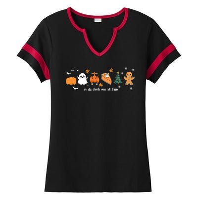 In Da Clerb We All Fam Christmas Thanksgiving Turkey Pumpkin Ladies Halftime Notch Neck Tee