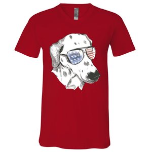 Independence Day Dalmatian Dog V-Neck T-Shirt