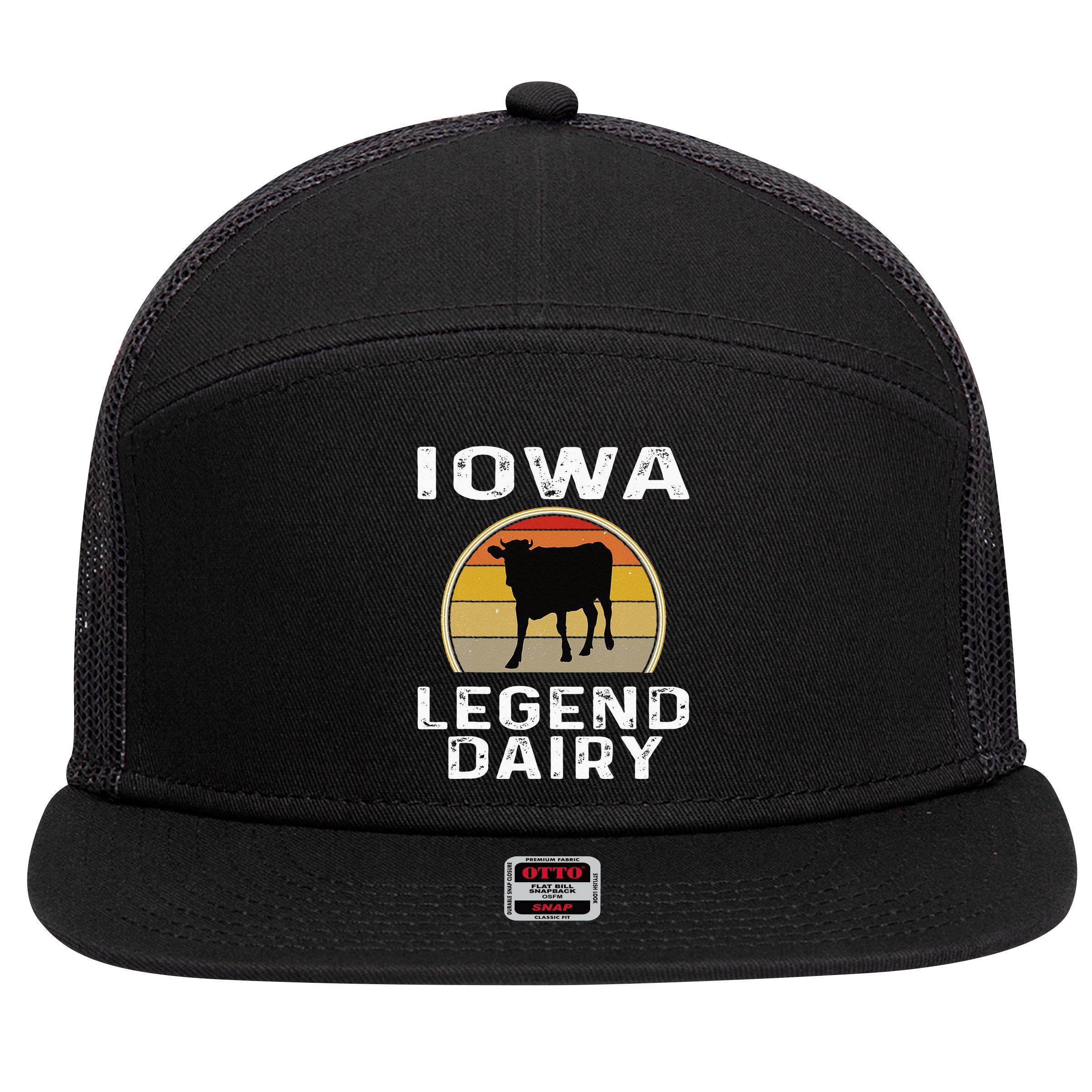 Iowa Dairy Farmer Legend Dairy Cow Cattle Funny Retro Sunset 7 Panel Mesh Trucker Snapback Hat