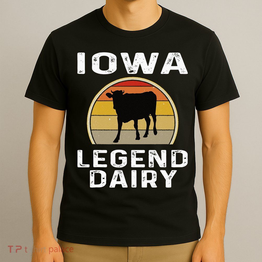 Iowa Dairy Farmer Legend Dairy Cow Cattle Funny Retro Sunset T-Shirt