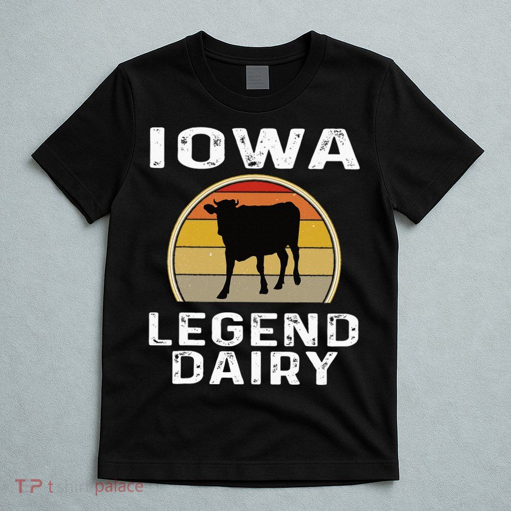 Iowa Dairy Farmer Legend Dairy Cow Cattle Funny Retro Sunset T-Shirt