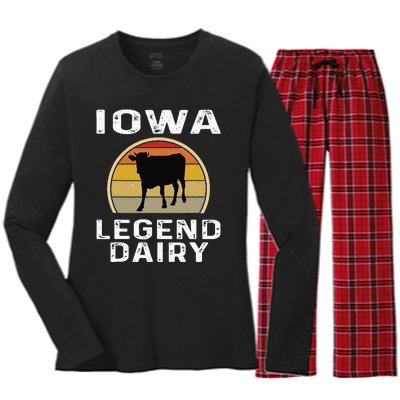 Iowa Dairy Farmer Legend Dairy Cow Cattle Funny Retro Sunset Women's Long Sleeve Flannel Pajama Set 