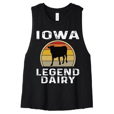 Iowa Dairy Farmer Legend Dairy Cow Cattle Funny Retro Sunset Women's Racerback Cropped Tank