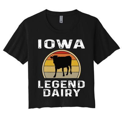 Iowa Dairy Farmer Legend Dairy Cow Cattle Funny Retro Sunset Women's Crop Top Tee